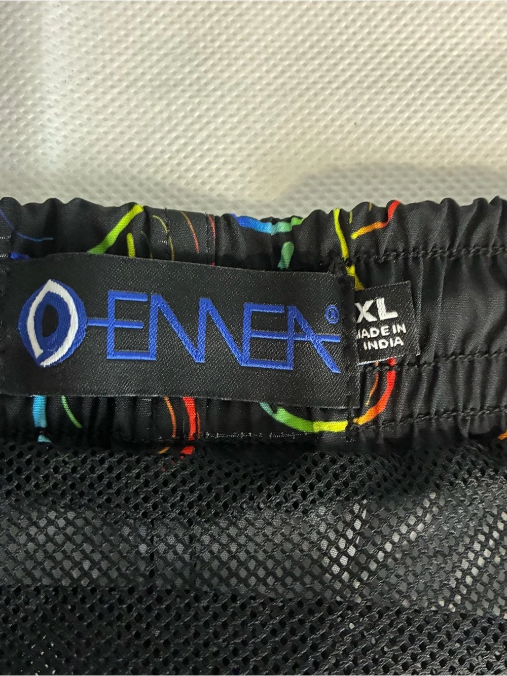 ENNEA Swim Trunks Men’s XL  Black Multicolor Mushroom Mesh Lining 3 Pockets Flaw